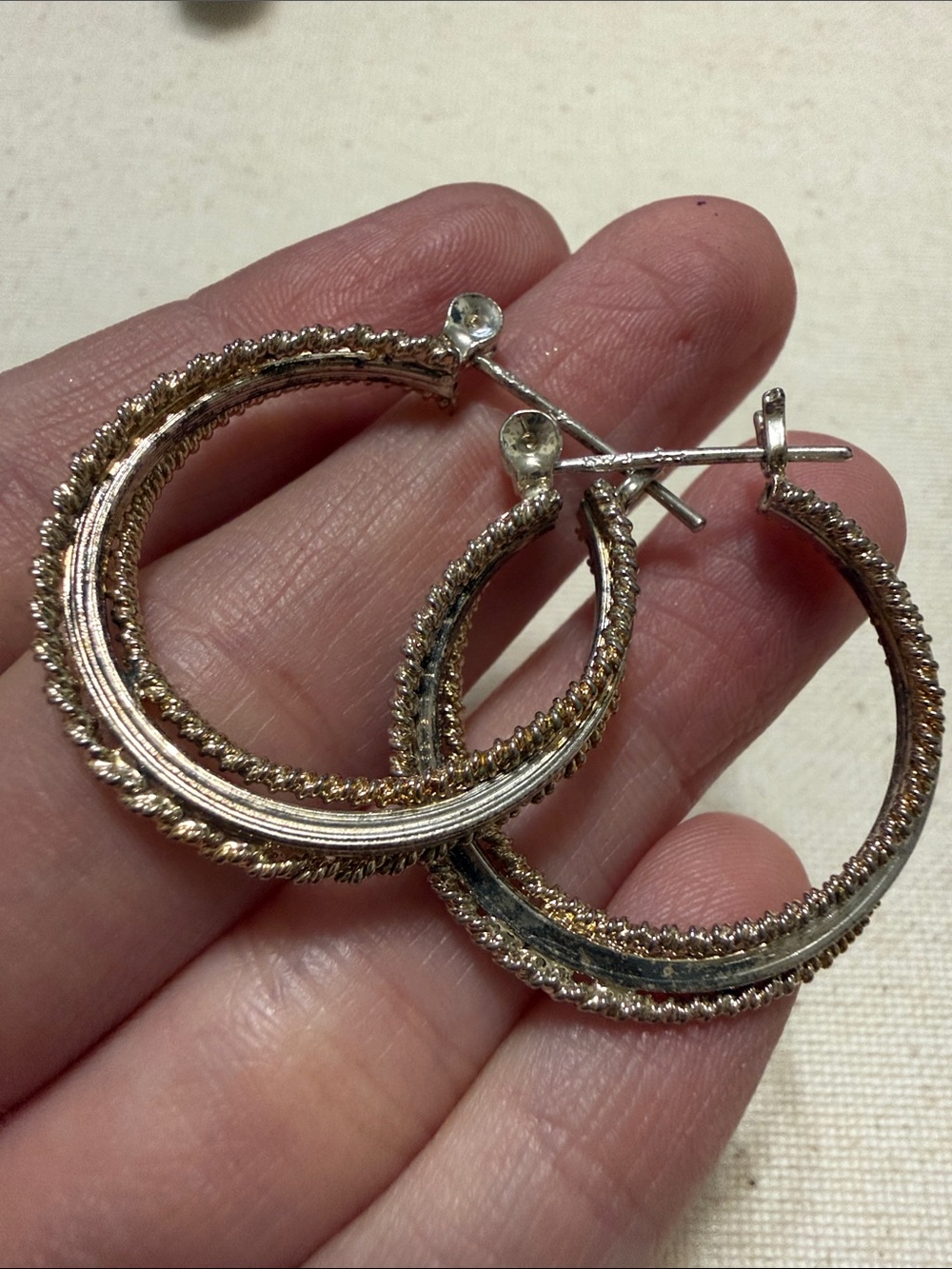 Sterling silver 925 Two-Tone Textured Hoop Earrings